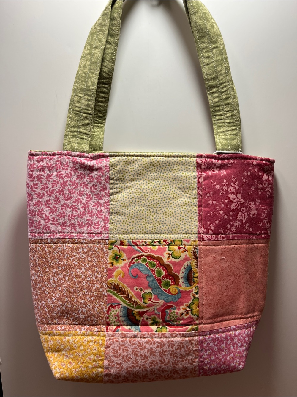 Quilted Patchwork Tote Bag in Pink and Green